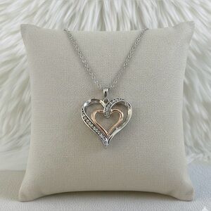 Diamond Double Heart Pendant Sterling Silver and 14k Rose Gold Necklace